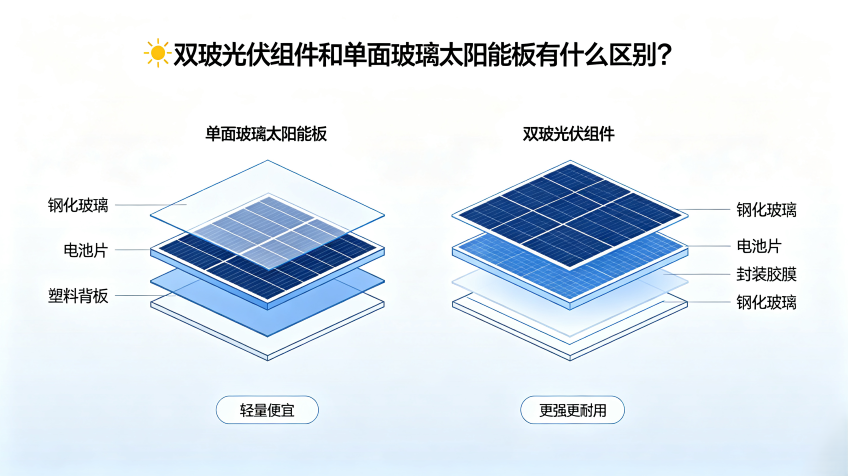 双玻光伏组件和单面玻璃太阳能板有什么区别?插图 双面玻璃太阳能板